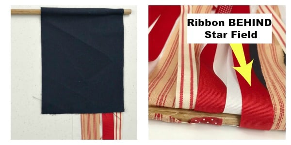 You can make this Red White and Blue Ribbon Banner Flag for 4th of July decor or any Patriotic American celebration. #ribbonflag #diy #Patrioticdecor #USAdecor #diydecor #4thofjuly
