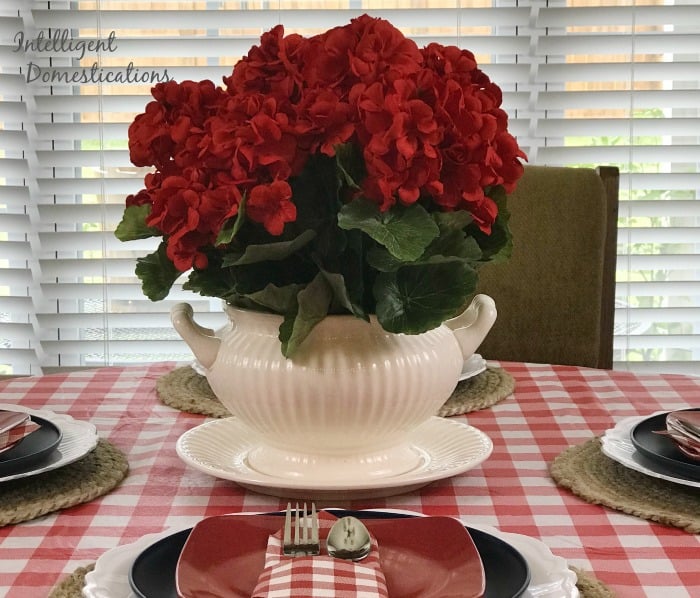 Red White and Blue Tablescape decor ideas. Summer Tablescape decor. Red and White checkered table decor ideas. #tablescape #redhwhiteandblue #redcheckered #summerdecor #summertablescape
