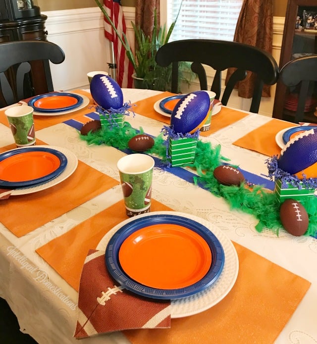 blue and orange football table decor