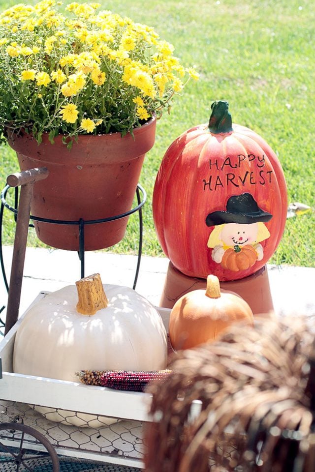 Fall Patio Vignette with pumpkins