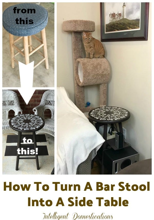 How to turn a bar stool into a side table. Easy wood DIY project using few tools. A Mandela stencil on top add beauty to this easy DIY Furniture project. #diy #woodproject #furnituremakeover #livingroom