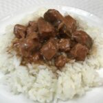 Beef Tips and Gravy on a bed of rice