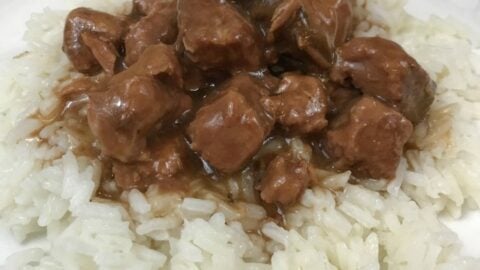Beef Tips and Gravy on a bed of rice