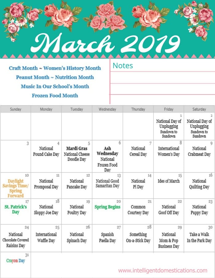 March 2019 Days of free printable calendar
