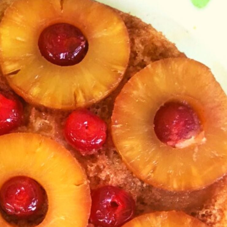 A close up of the caramelized top of a Pineapple Upside Down Cake