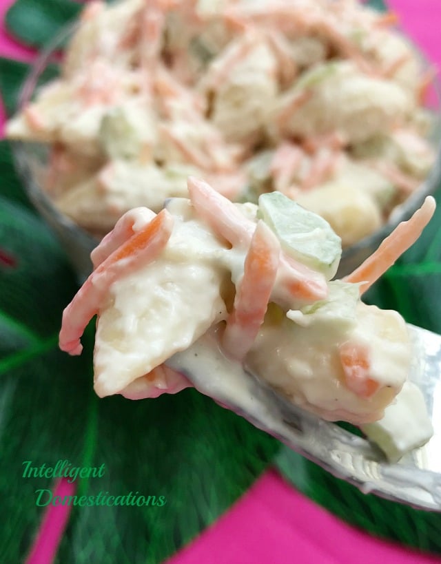 Our Hawaiian Pasta Salad recipe is very easy to make. We left the onions out but use Onion Powder instead. This macaroni salad is a big hit at Pot Luck dinners. We use pasta shells instead of macaroni noodles because they trap that delicious made from scratch creamy dressing. #pastasalad #macaronisalad #hawaiiansalad 