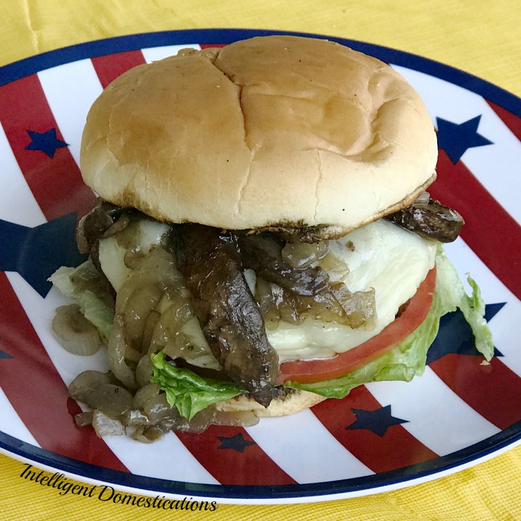 Mushroom Onion homemade burger on a red white and blue plate