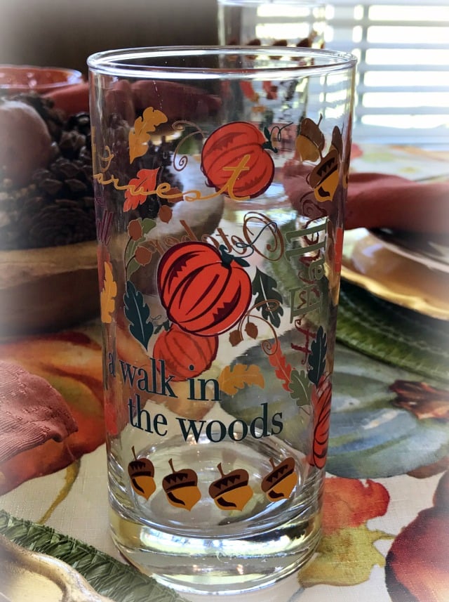 Autumn tea glasses from the grocery store create a fun fall feel for everyday use. Our Autumn Tablescape in the kitchen includes these fun Fall print tea glasses. Autumn tea glasses from the grocery store create a fun fall feel for everyday use.