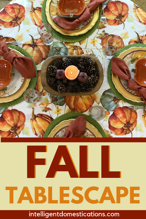Fall Table decor ideas using everyday dishes and elements from nature. Pine cones make a nice centerpiece for a Fall Tablescape. Melamine dishes and a clearance Tablecloth bring it all together. #tabledecor Fall Table decor ideas using everyday dishes and elements from nature. Pine cones make a nice centerpiece for a Fall Tablescape. Melamine dishes and a clearance Tablecloth bring it all together. #tabledecor