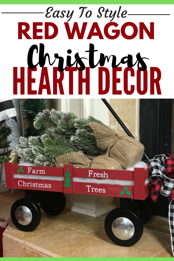 This Easy to Create Red Wagon Christmas Decor was fun to make and looks so warm and cozy on our fireplace hearth this Christmas season.