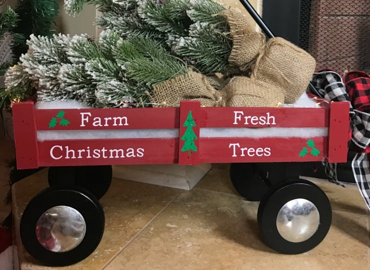 Paint the Christmas Tree and Holly onto the side of the Little Red Wagon.