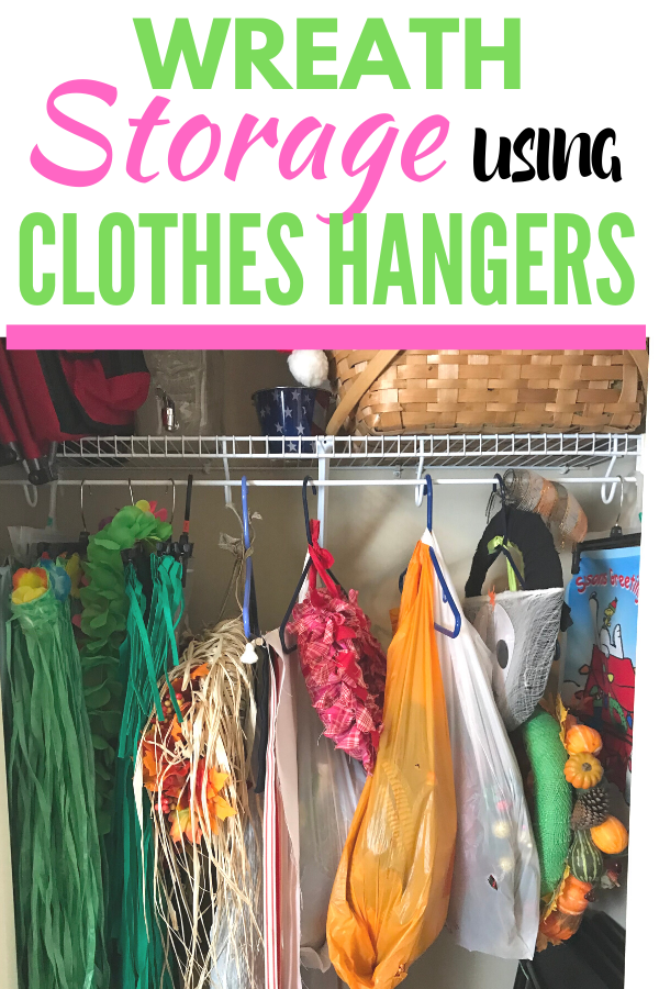 Wreath storage using clothes hangers. Repurpose clothes hangers from clothing to wreath storage and solve a household problem. Wreath storage made easy. #storage Wreath storage using clothes hangers. Repurpose clothes hangers from clothing to wreath storage and solve a household problem. Wreath storage made easy. #storage