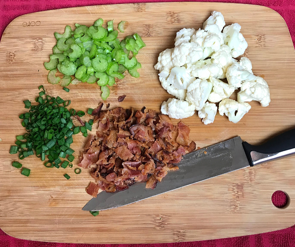 Crunchy Pea Salad ingredients chopped. Celery, Cauliflower, green onions and bacon chopped Crunchy Pea Salad ingredients chopped. Celery, Cauliflower, green onions and bacon chopped
