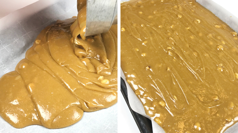 Cover the baking pan with parchment paper and pour the prepared batter onto it