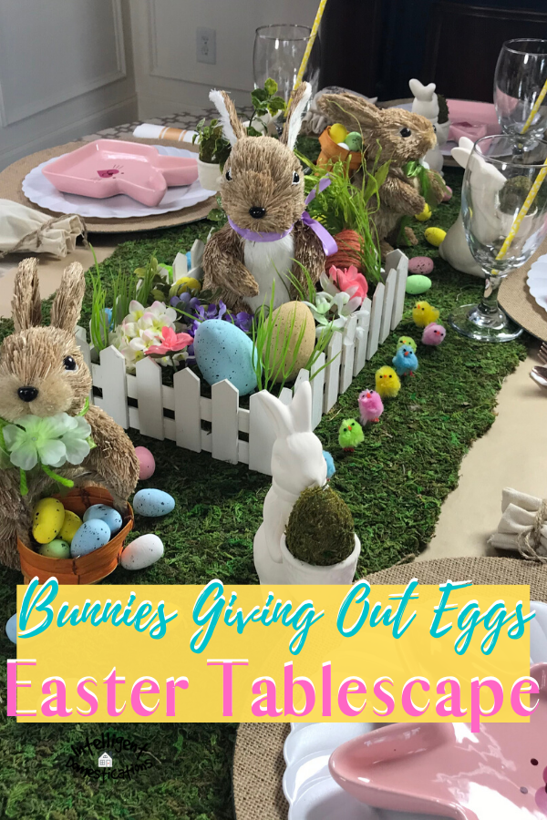 Bunnies Giving Out Eggs for Easter Tablescape. Our Easter Table Decor this year is loaded with Bunnies, little chicks and we even used lambs to complete our Easter Dining room. It's botanical, whimsical and fun. #Easter #Eastertabledecor #intellid