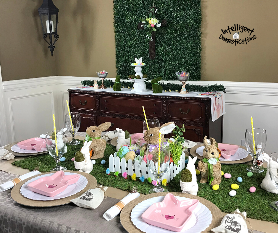 Easter Dining Room Decor. Bunnies giving out Easter Eggs