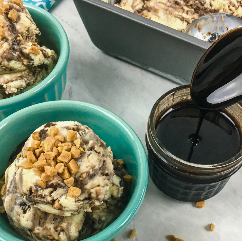 Drizzle homemade chocolate sauce over your homemade Toffee Flavor No-churn Ice Cream. Find the recipe at intelligentdomestications.com