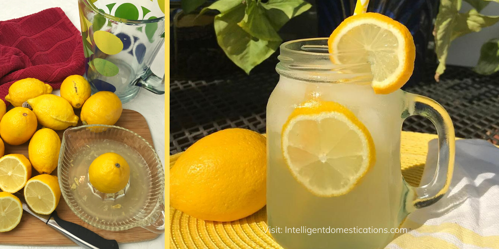 Lemons on a cutting board and a glass of homemade lemonade