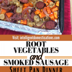 Cut up Yams Sunchokes and Red Onions with Sausage cooked on a sheet pan
