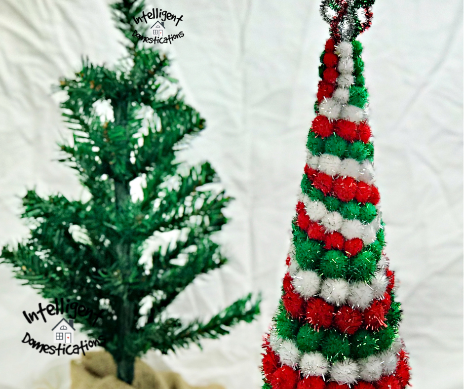 Red Green and White glittery pom pom cone Christmas tree tabletop decoration