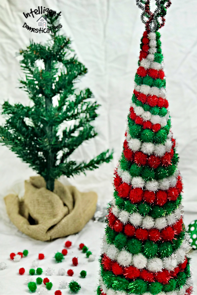 Red Green and White glittery pom pom cone Christmas tree tabletop decoration