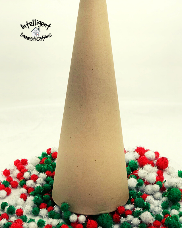 supplies need to make a cardboard cone tree with glittery pom poms
