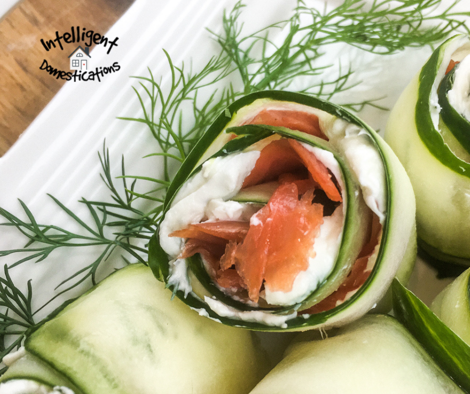 Cucumbers rolled and stuffed with a cream cheese and salmon mixture
