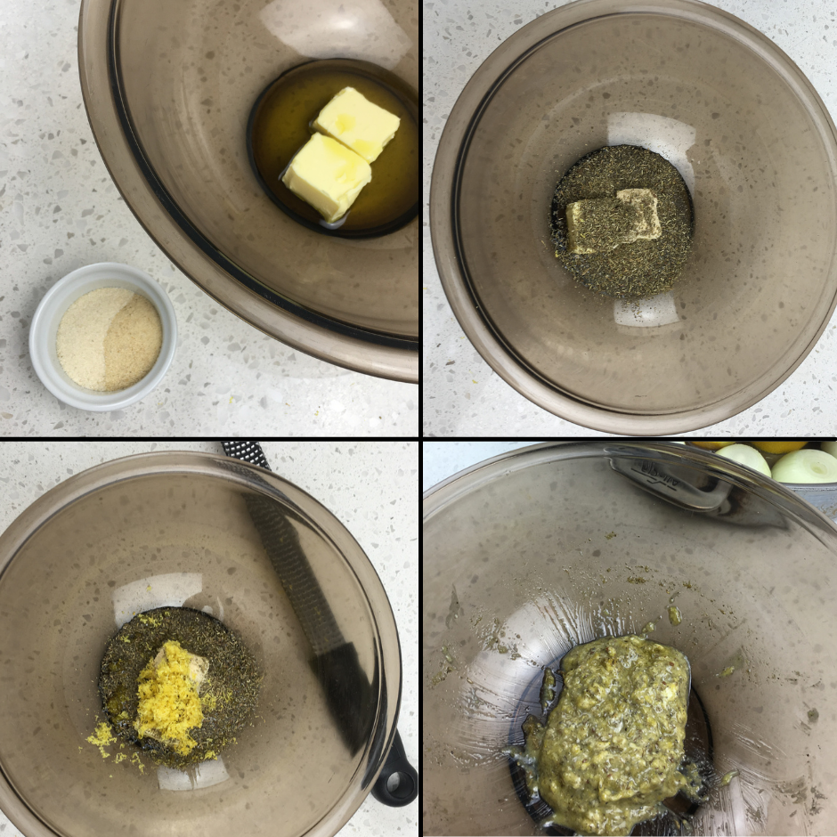 four pictures of the process of mixing a lemon baste for oven roasted chicken