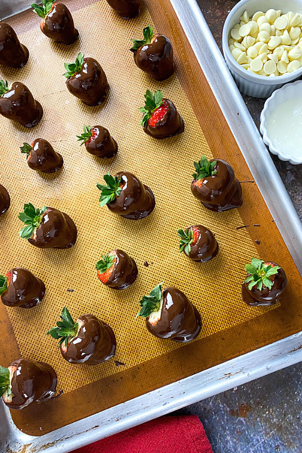 Strawberries dipped in chocolate resting on a baking sheet