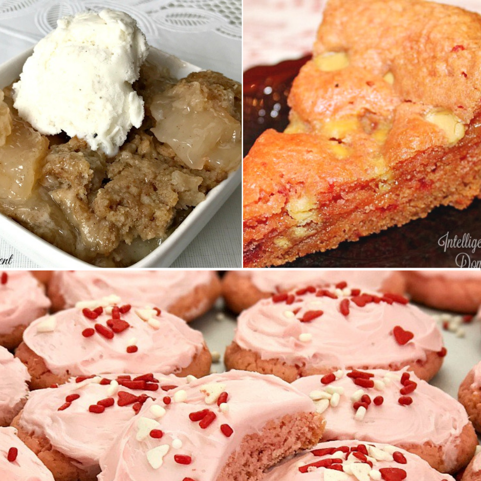 a collage of three desserts; apple dumplings, strawberry brownies and strawberry cookies with icing