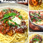 Chicken Parmesan served on a white dish and step by step photos of making it