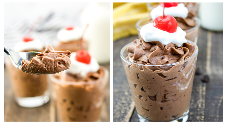 chocolate mousse served in a small glass with whipped cream and a cherry on top