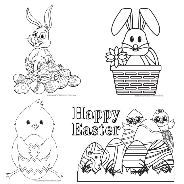 4 Easter coloring pictures samples of bunnies and chicks