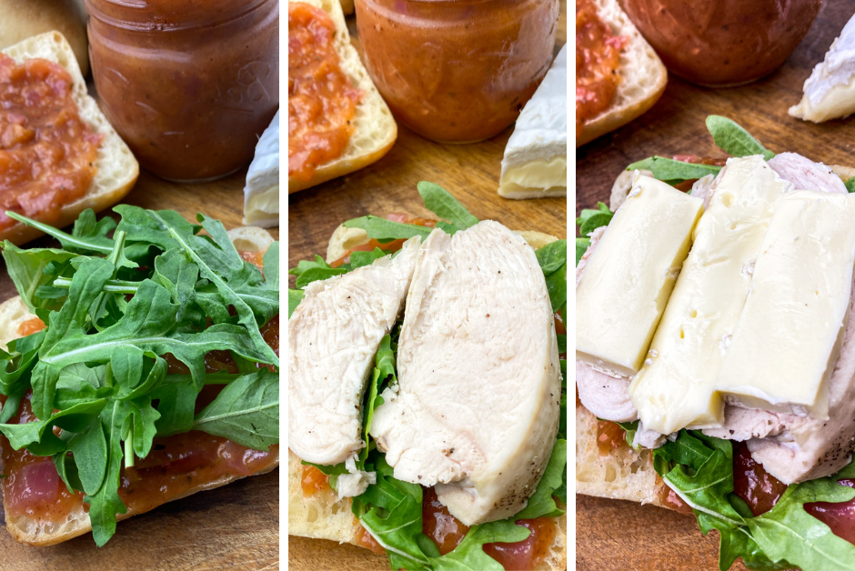 3 pictures showing the steps of assembling a Chicken Brie Panini