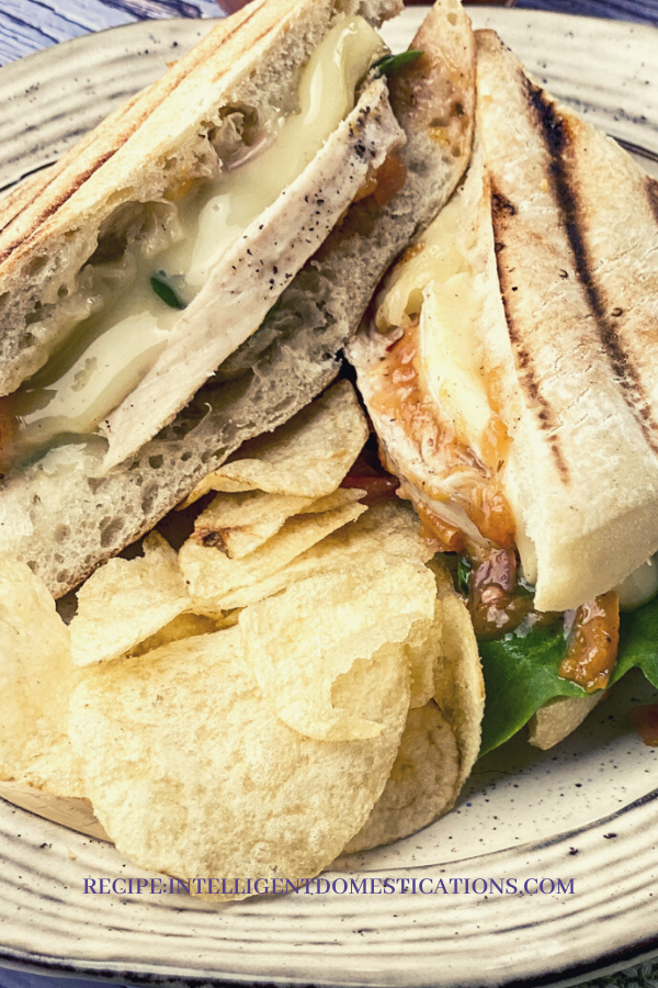 grilled chicken and melted white cheese sandwich on a plate with potato chips
