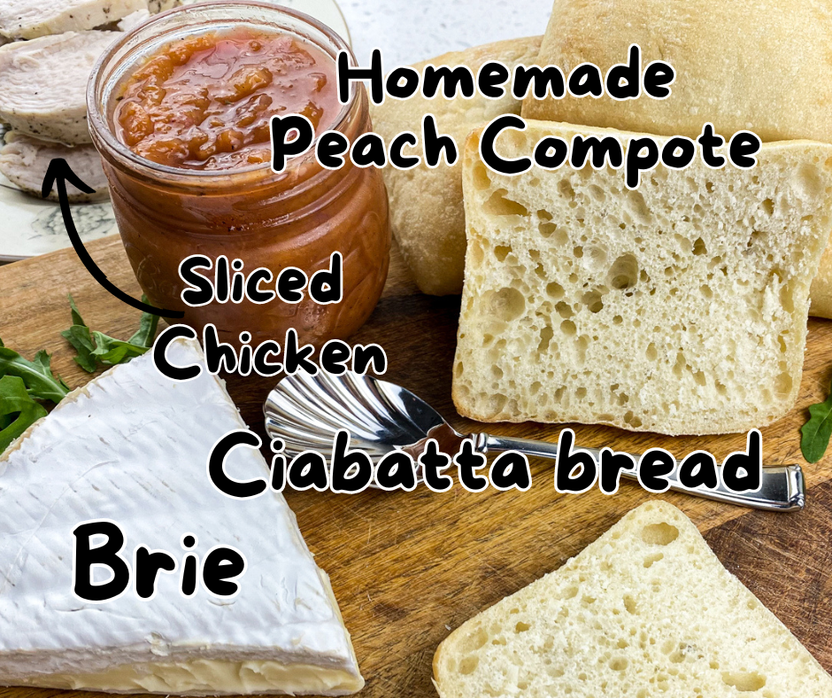 ciabatta, peach jam, brie and chicken for sandwiches