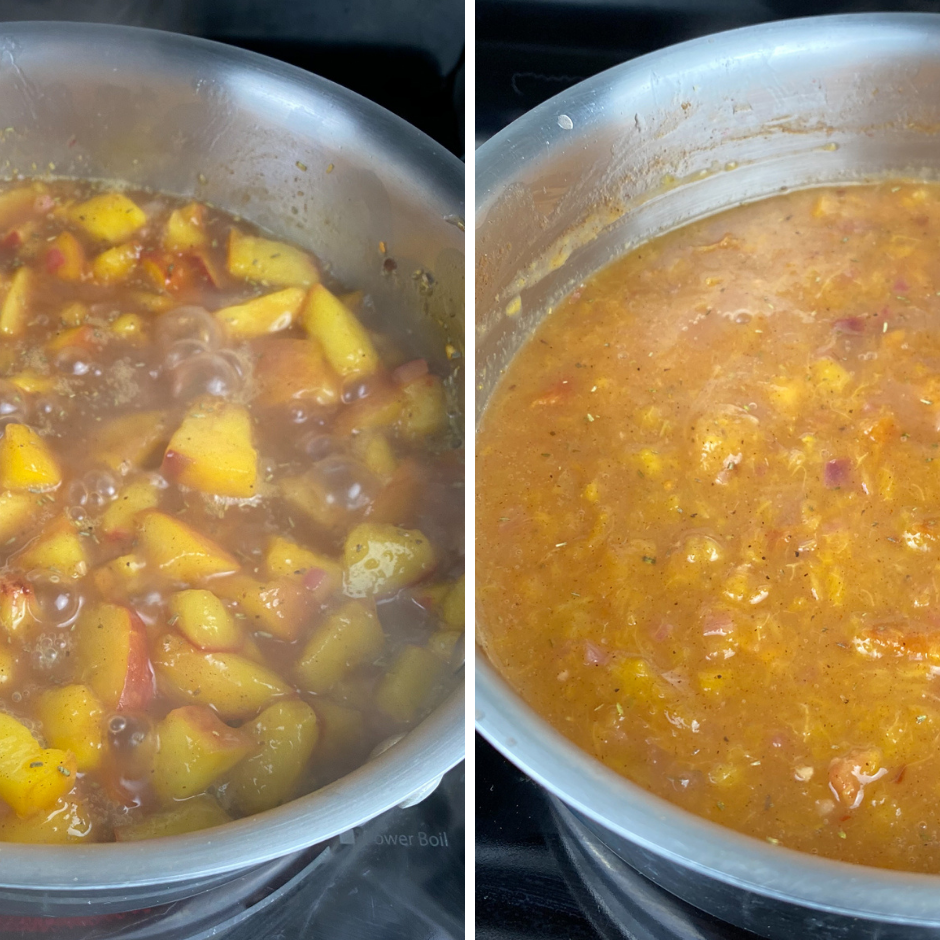 Peach compote in two stages of cooking on the stove