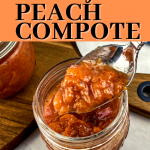 Peach compote in a mason jar next to a wood cutting board