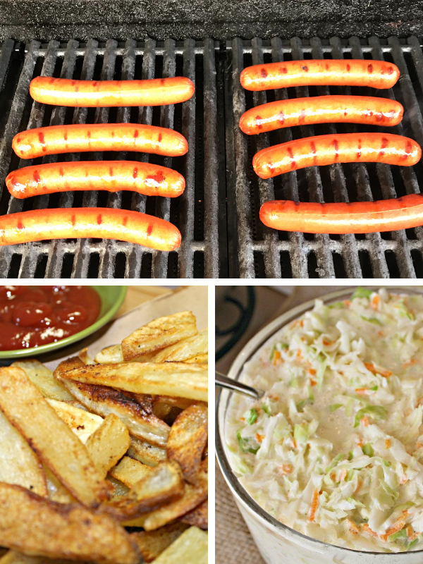 Hot dogs on the grill pictured with French fries and cole slaw