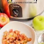 apple crisp in a bowl in front of a Crockpot with apples around it