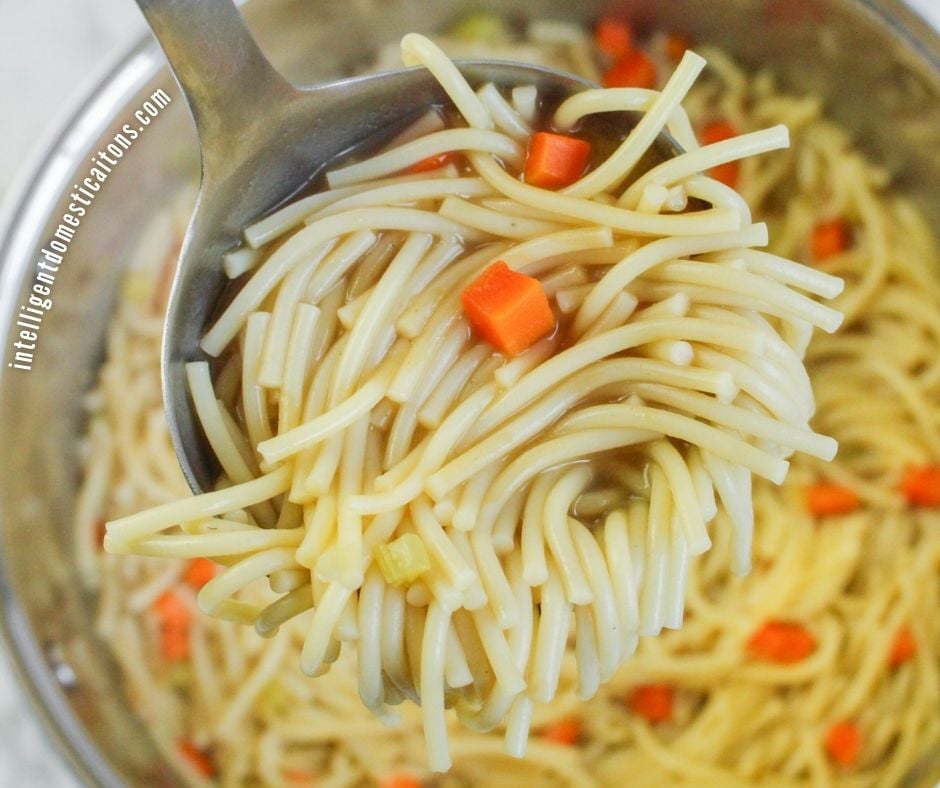 a ladle full of chicken noodle soup