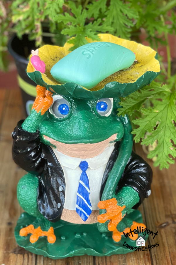 Frog statue holding a bar of Irish Spring soap on. an outdoor table