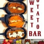 sweet potatoes on iron skillet dishes with different toppings