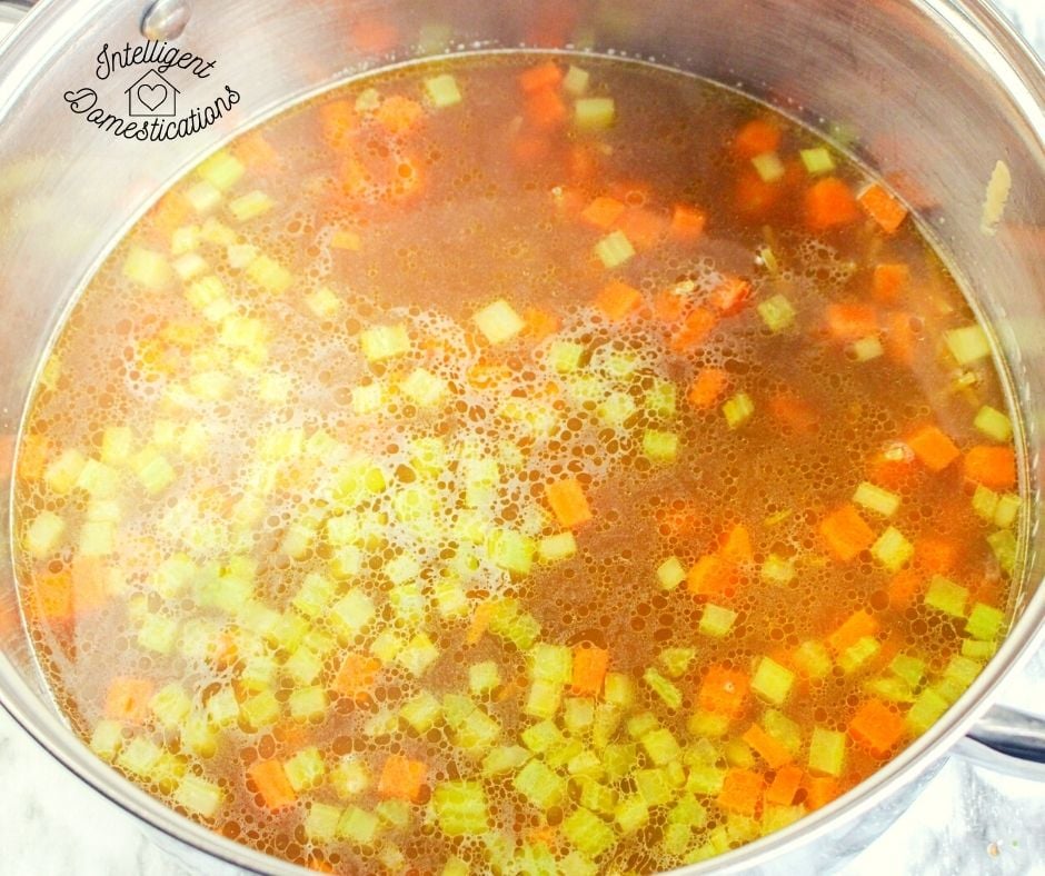 chicken noodle soup base with carrots, celery and chicken stock in a large pot
