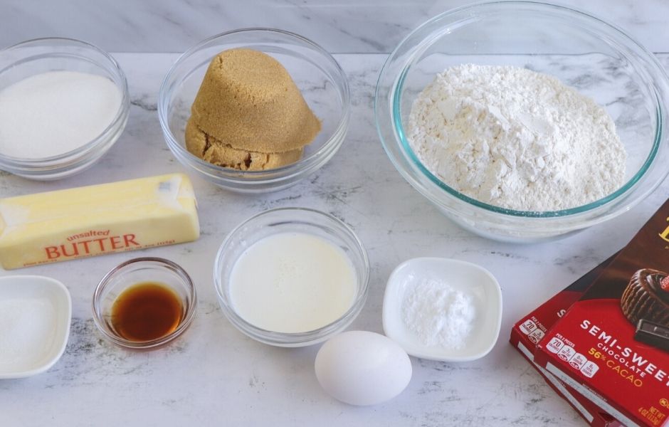 Ingredients for skillet chocolate chip cookies
