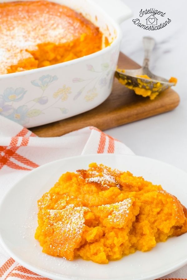 Carrot Soufflé in a casserole dish and on a small plate