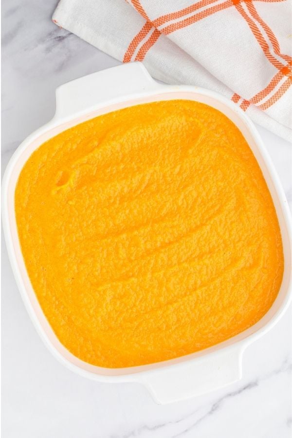 Carrot Soufflé in casserole dish ready for the oven