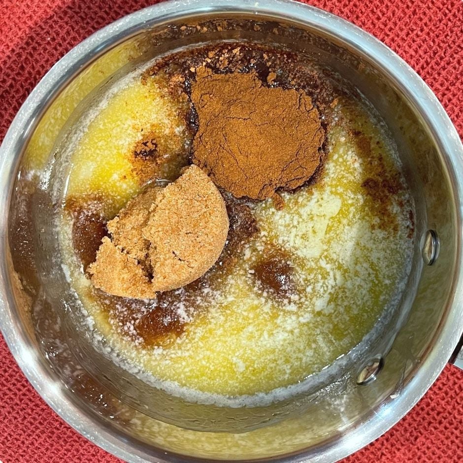 Melted butter, brown sugar and pumpkin spice in a small pot
