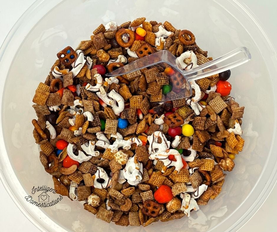 Pumpkin spice Chex mix ready to serve in a large bowl
