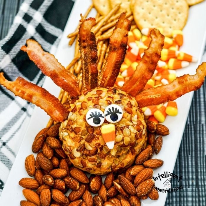 Turkey Cheese Ball with bacon tail feathers